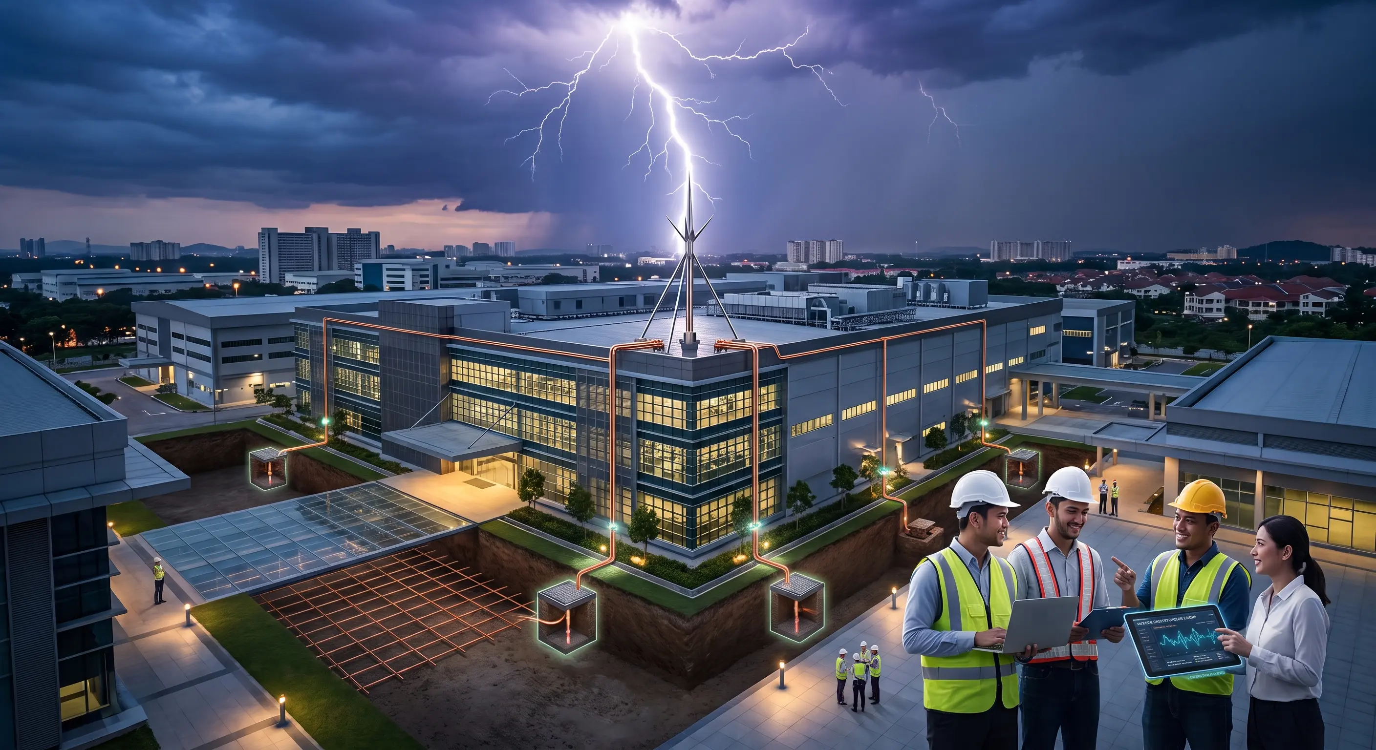 Industrial facility with a lightning protection air terminal, earthing/grounding pits and engineers reviewing monitoring data